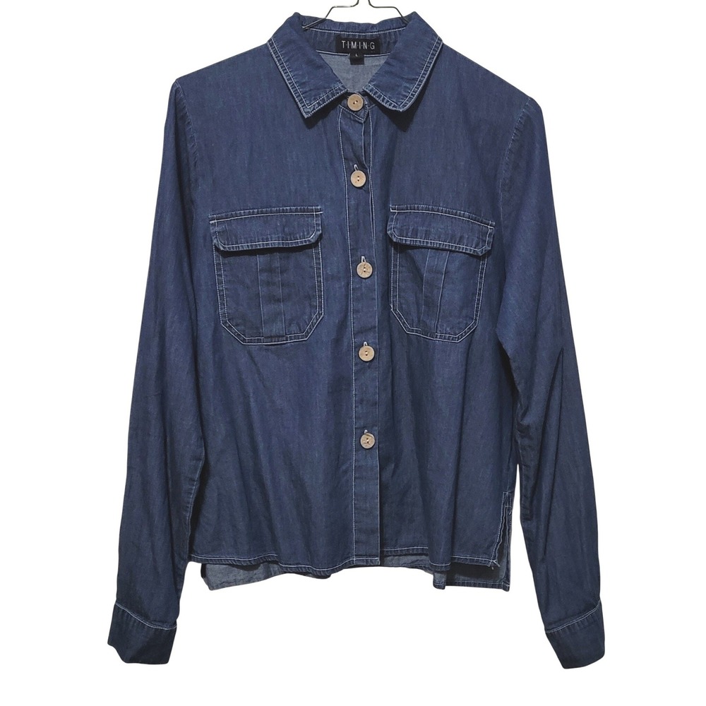 Timing Denim Button Down Shirt Womens L Blue Long Sleeve Cotton CLJ0019